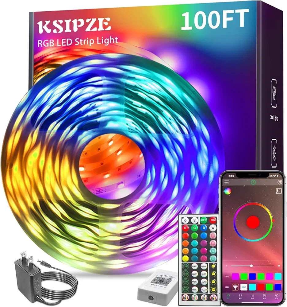 KSIPZE 100ft LED strip lights for large bedroom ceiling and wall installations.