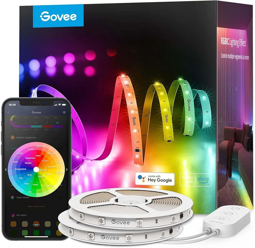 Govee 100ft RGBIC smart LED strip with Alexa control for full-room bedroom lighting.
