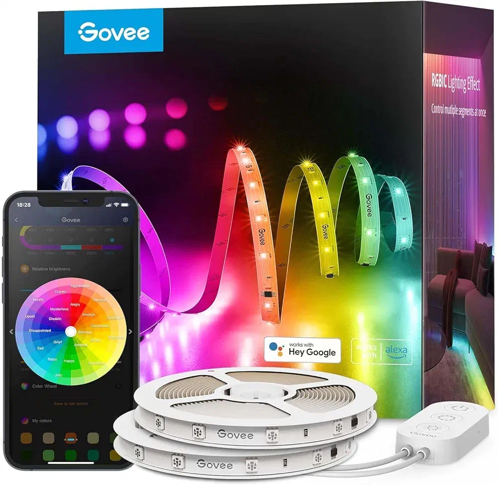 Govee 100ft RGBIC smart LED strip with Alexa control for full-room bedroom lighting.