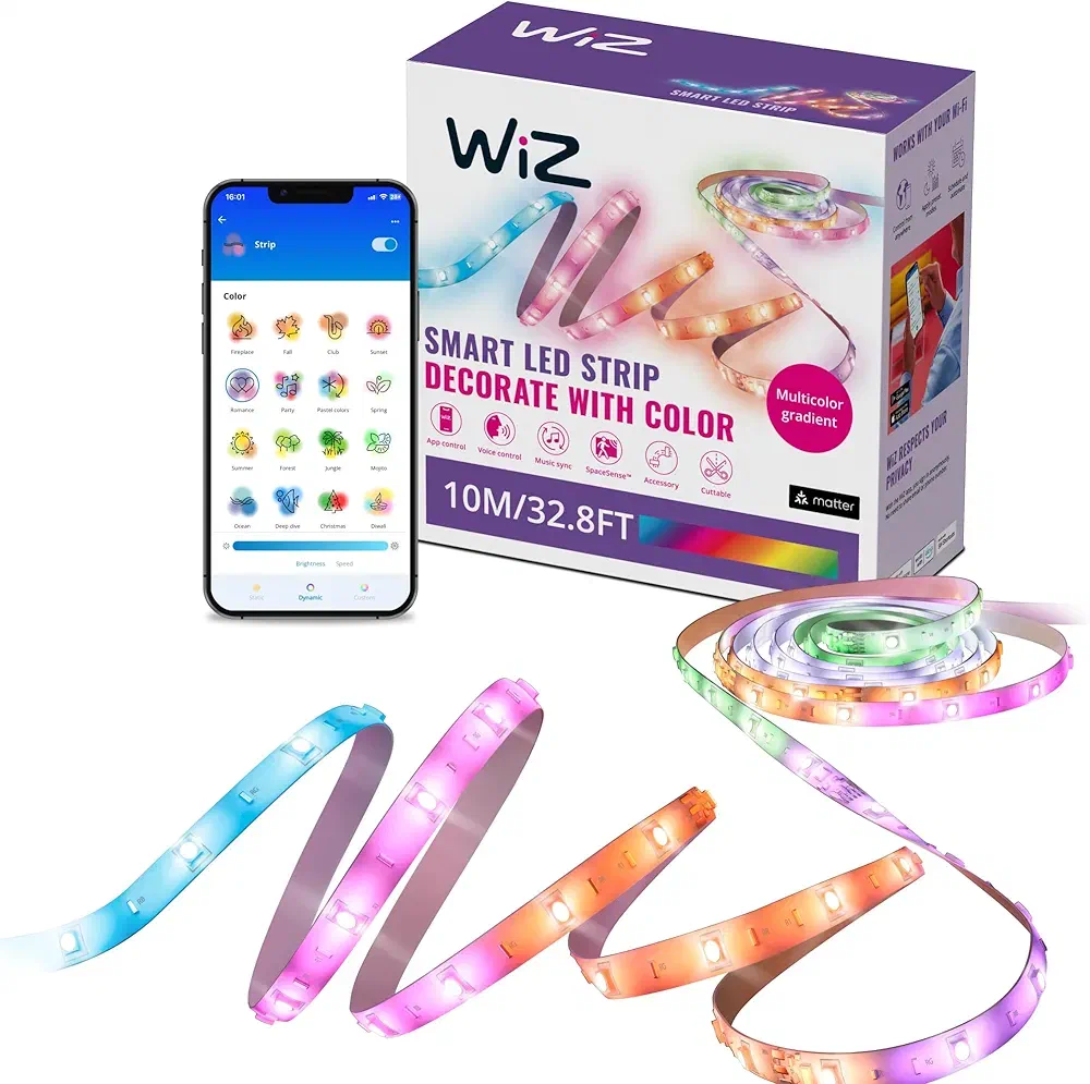WiZ Connected flowing multicolor LED strip with gradient lighting for bedrooms.