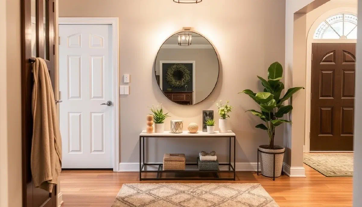 Round mirror with a wreath reflection above a narrow console table, flanked by a fiddle-leaf fig and a coat hook rail