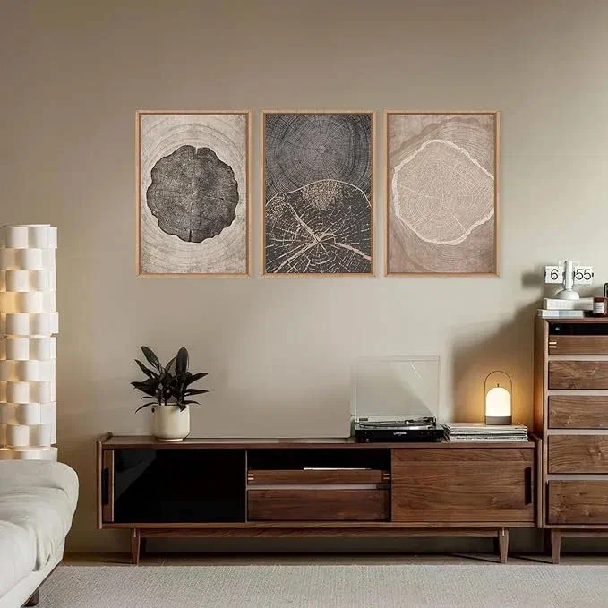 Three framed tree-ring prints hung above a walnut media console styled with a small lamp and a potted plant