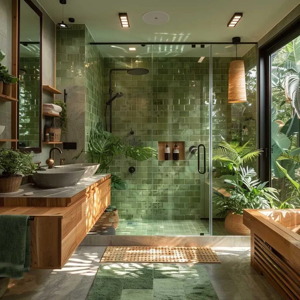 Lush green bathroom with a walk-in shower, natural wood vanity, and abundant plants creating a jungle-like spa retreat.