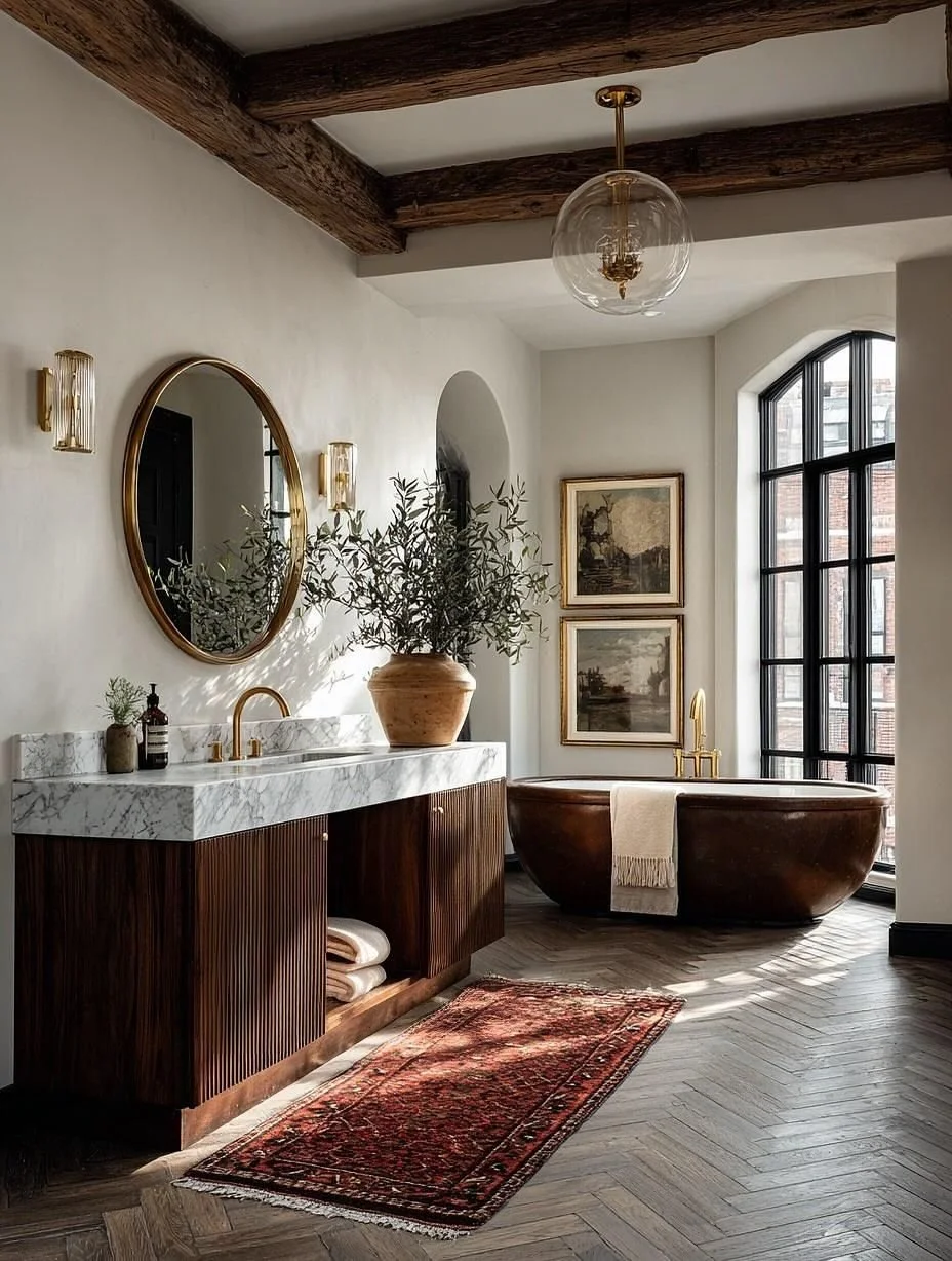 Luxurious master bathroom with a dark wood vanity, marble countertop, large oval mirror, and a stunning copper freestanding tub.