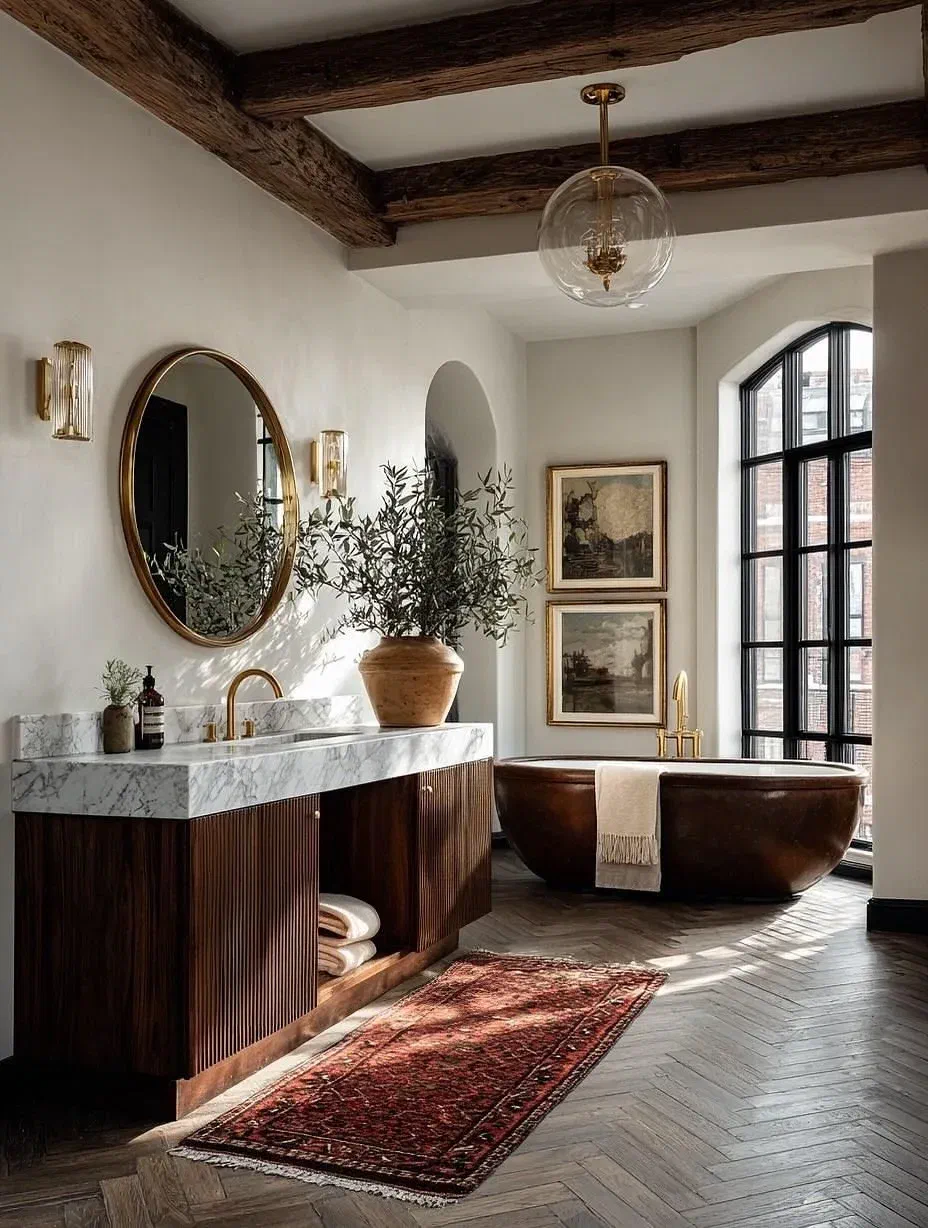 Luxurious master bathroom with a dark wood vanity, marble countertop, large oval mirror, and a stunning copper freestanding tub.