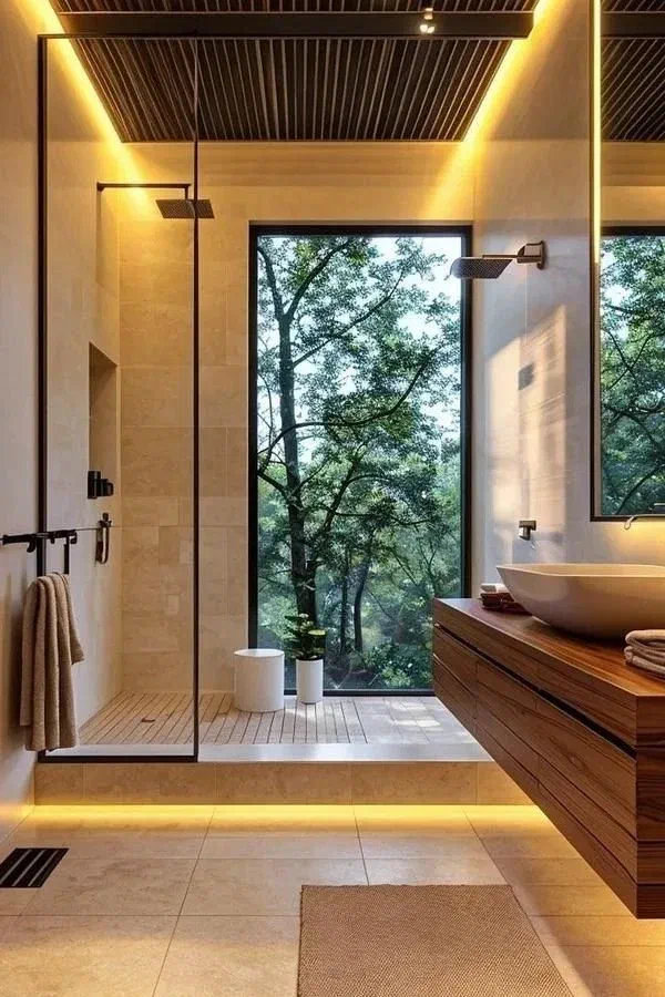 Contemporary bathroom with warm ambient LED lighting, a floating wooden vanity, a large window overlooking trees, and a walk-in shower.
