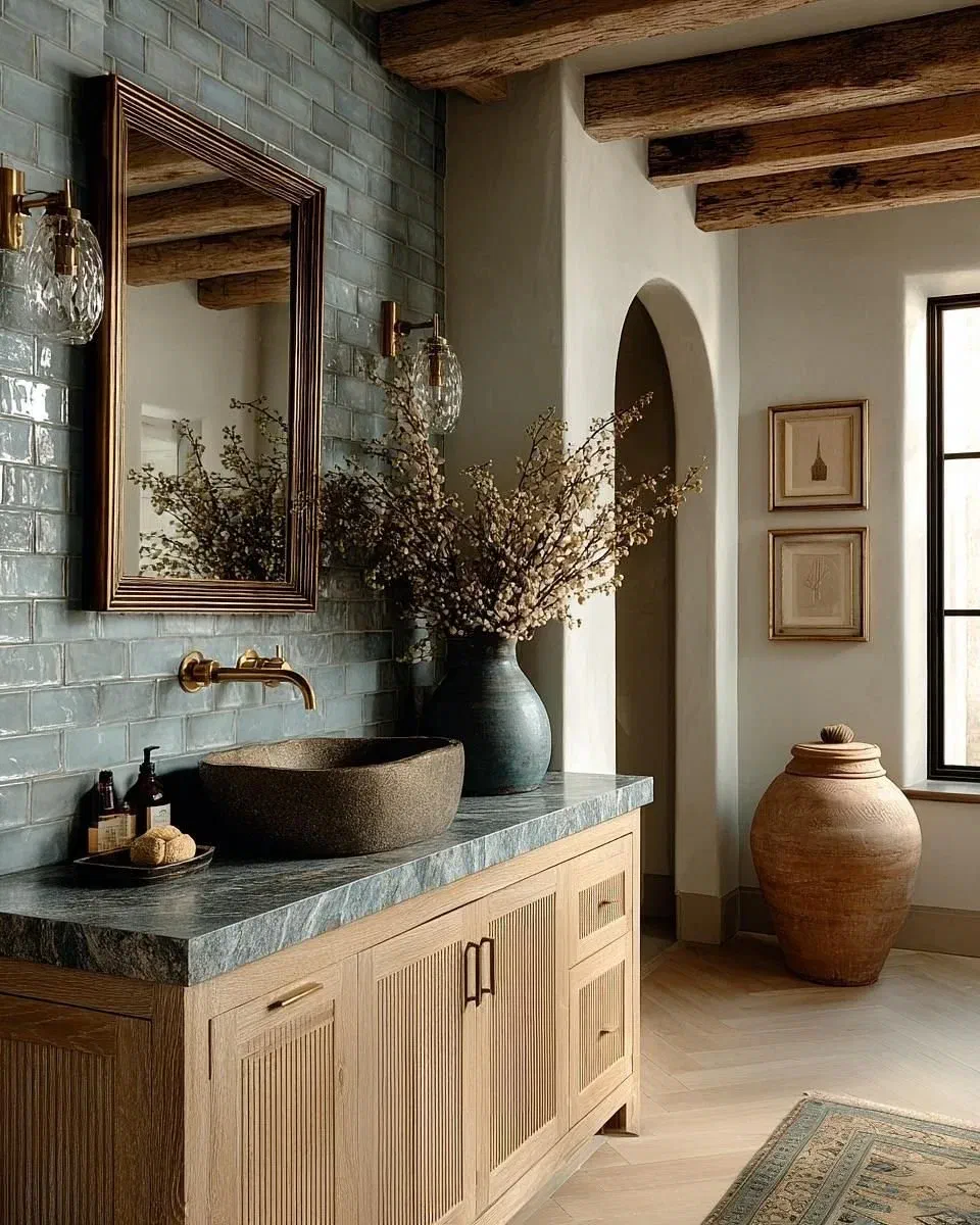 Rustic modern bathroom with a light wood vanity, stone vessel sink, textured blue wall tiles, and exposed wooden beams.