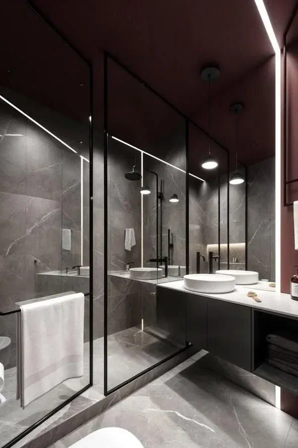 Dramatic dark grey bathroom with a bold maroon ceiling, sleek black shower enclosure, and modern LED strip lighting.