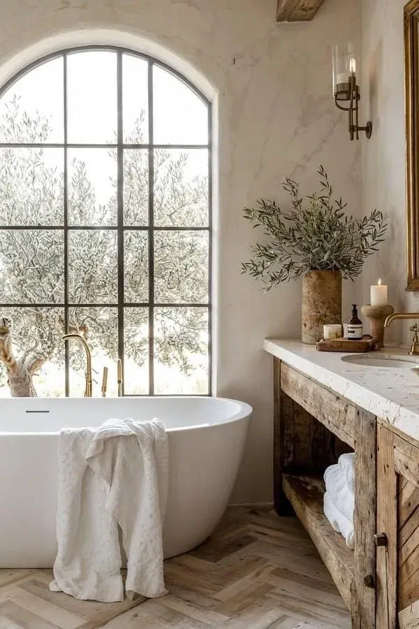 Rustic elegant bathroom with a freestanding tub under a large arched window, and a reclaimed wood vanity.