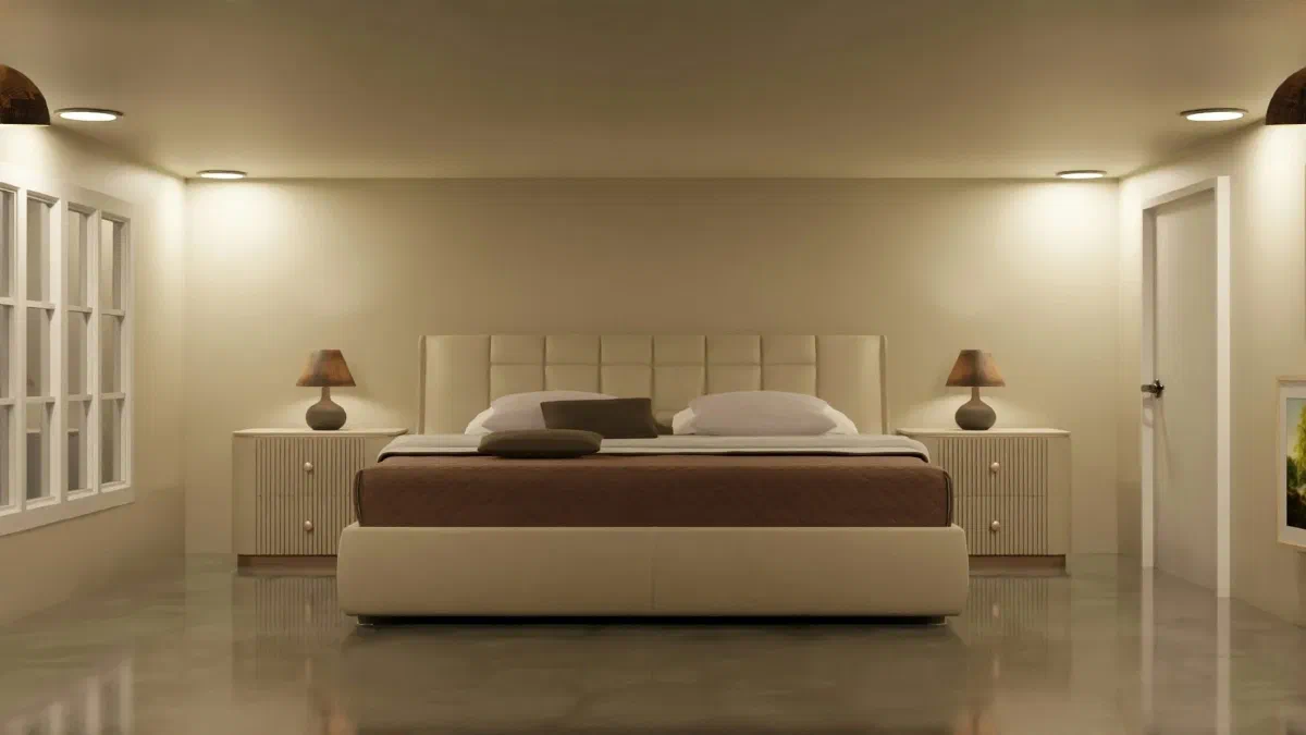 A super chill bedroom with soft ambient lighting from ceiling lights and bedside lamps, creating a cozy vibe.