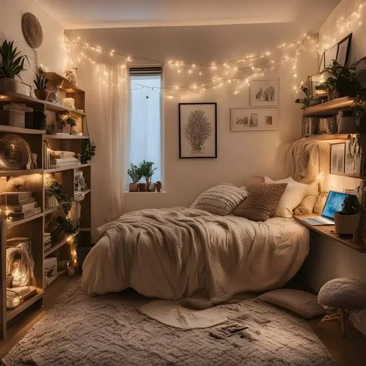 This bedroom has super cool string lights that make it feel cozy and magical, showing how accent lighting adds a fun vibe.
