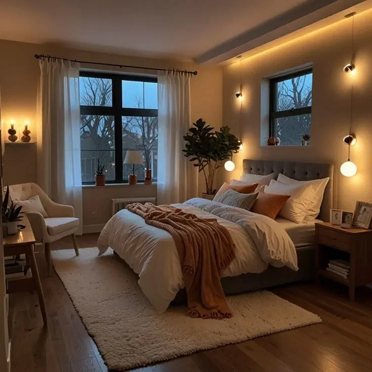 This cozy little bedroom shows how you can make a small space look super cool with smart lighting and furniture!