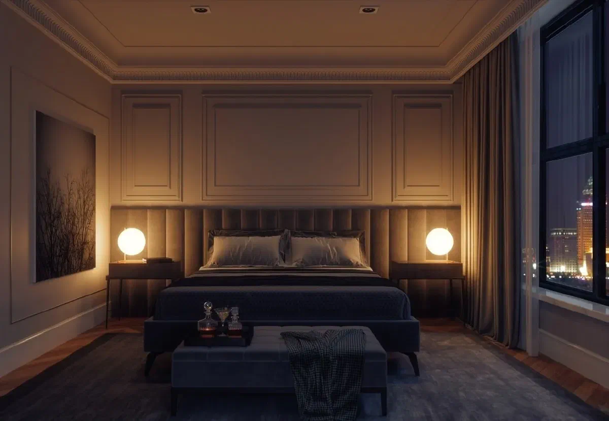 A bedroom with soft, glowy lights by the bed, showing how the right light bulbs can make your room feel warm and cozy.