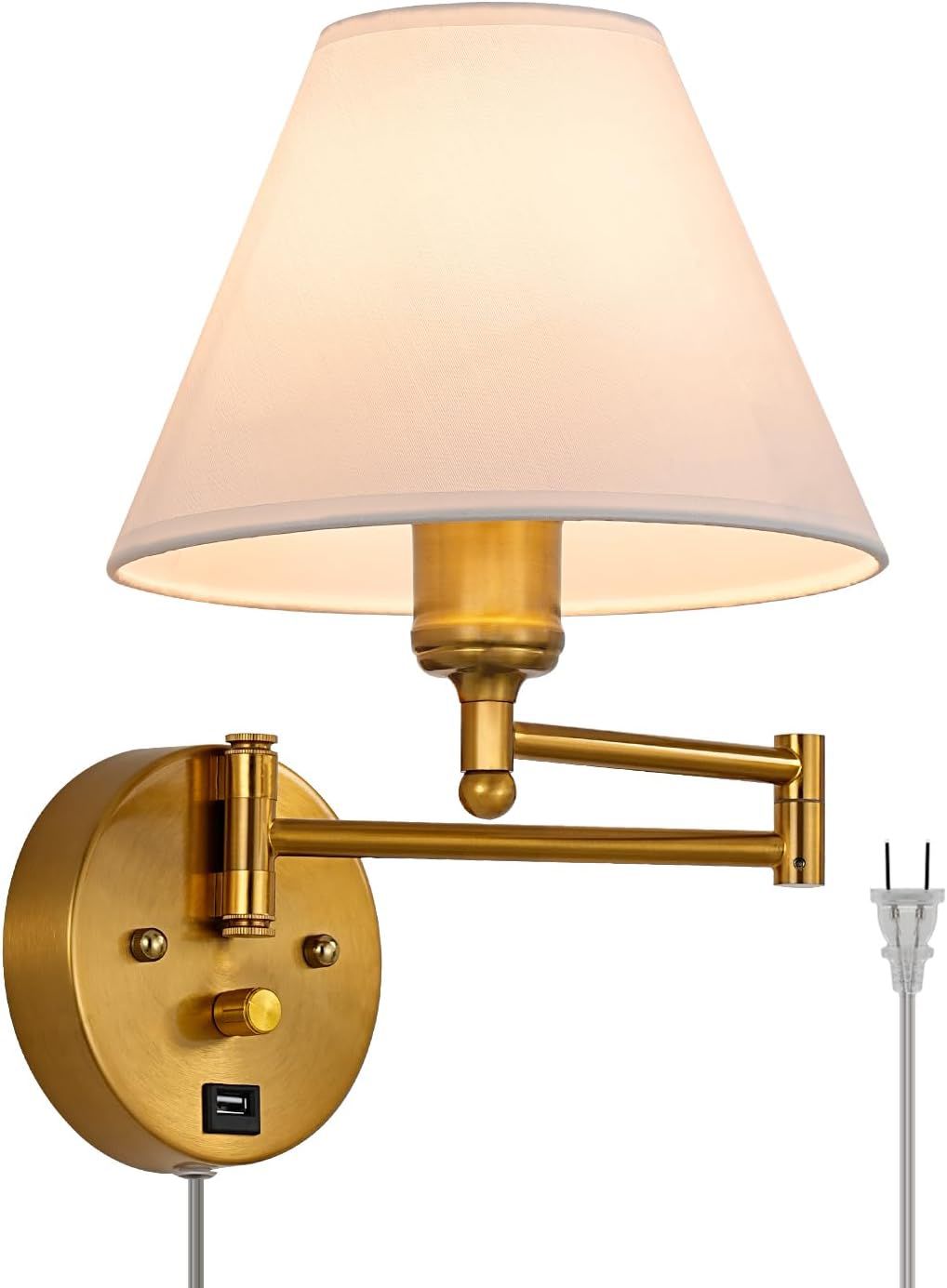 Gold swing-arm wall sconce with a white fabric shade, USB charging port and dimmer switch, mounted beside a bed