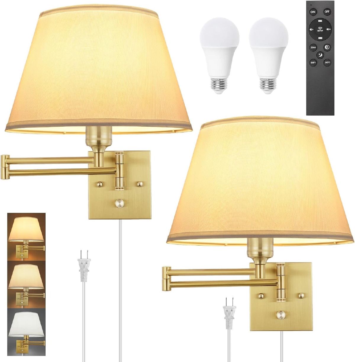 Brushed brass swing-arm wall sconce pair with a white fabric shade and remote control, plug-in cord