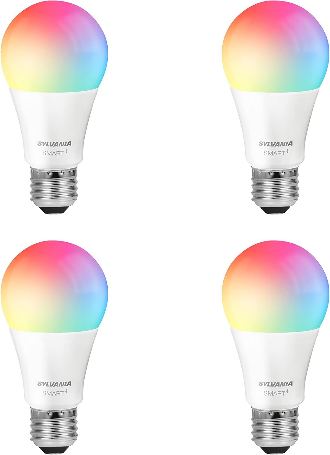 Four Sylvania smart LED bulbs in retail packaging showing the WiFi app-controlled tunable white and colour-changing bulb