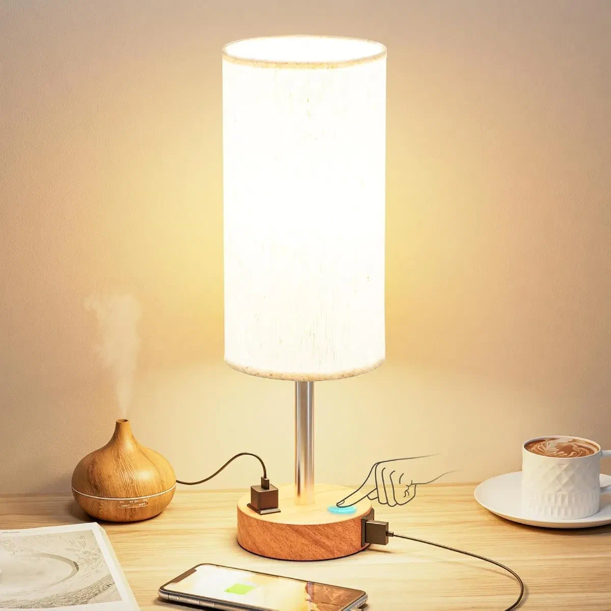 Affordable bedside table lamp with USB-C port, AC outlet, and 3-way touch dimming for bedroom nightstand