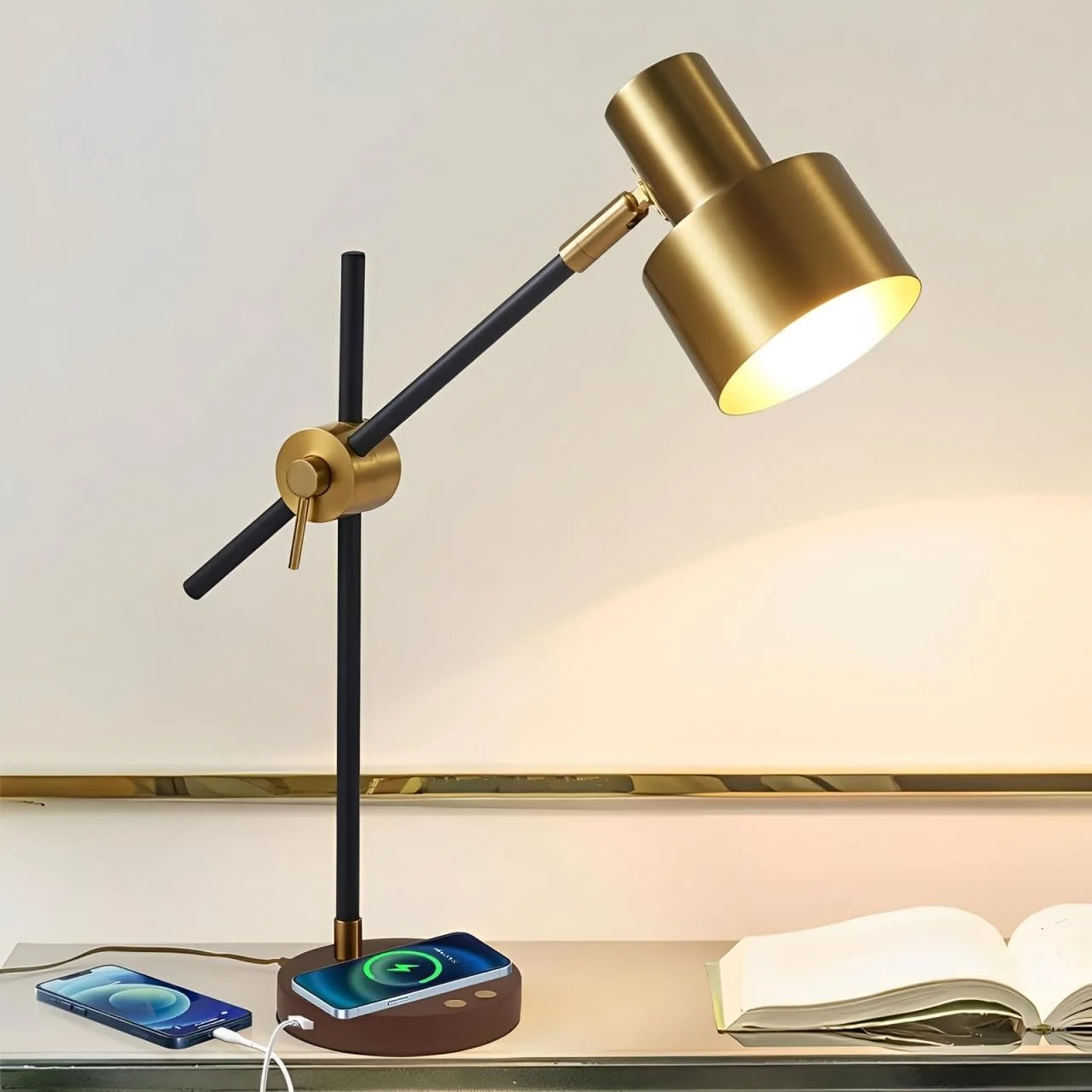 Adjustable swing arm reading lamp with LED light positioned over bed for task lighting