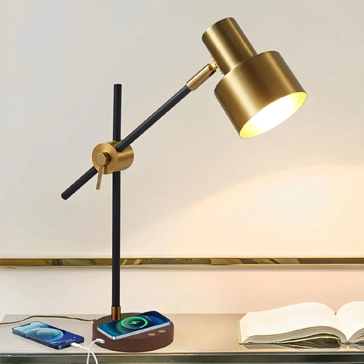 Adjustable swing arm reading lamp with LED light positioned over bed for task lighting