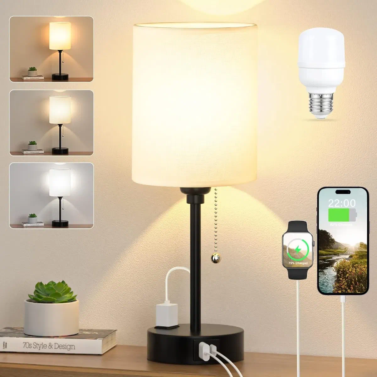 Compact cylindrical bedside lamp with white shade on small nightstand with USB charging ports