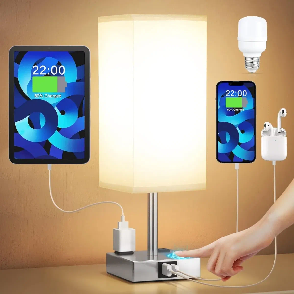 Bedside lamp with dual AC outlets and USB ports functioning as complete nightstand charging station