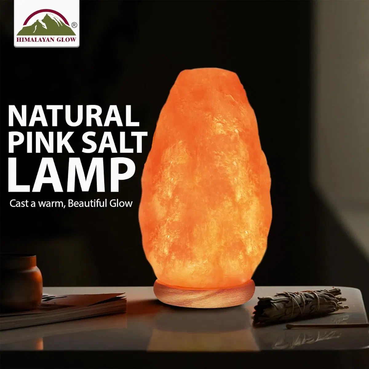 Natural Himalayan pink salt crystal lamp glowing with warm amber light on bedroom nightstand