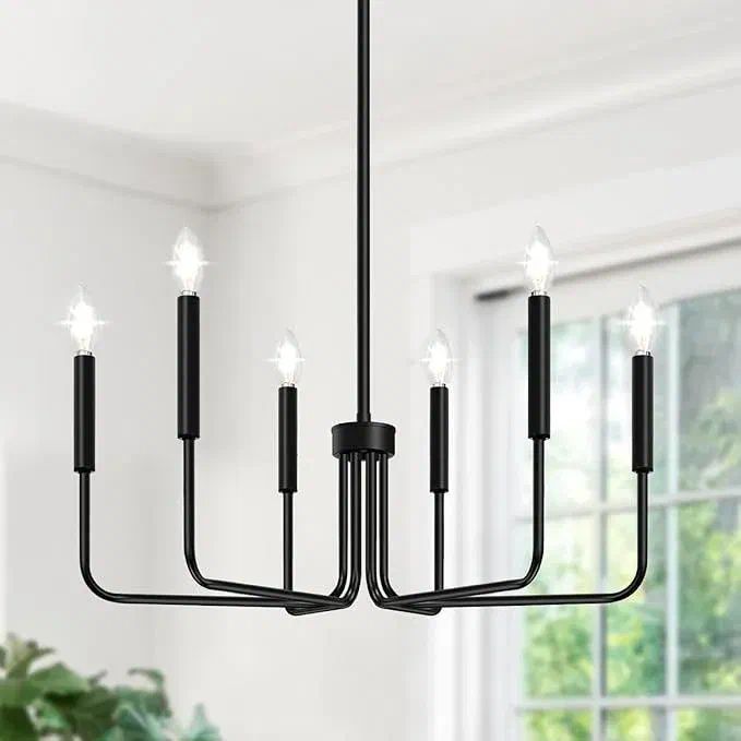 TOBUSA sputnik chandelier with industrial-style arms providing bright overhead lighting for home office.