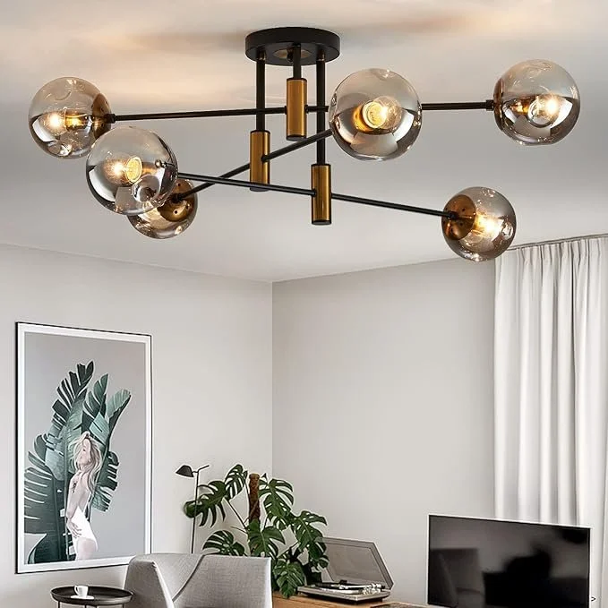 Six-light glass globe sputnik ceiling fixture blending mid-century design with bright office lighting.