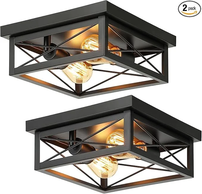 Kondras two-light industrial flush mount ceiling fixture providing compact, bright lighting for home office.