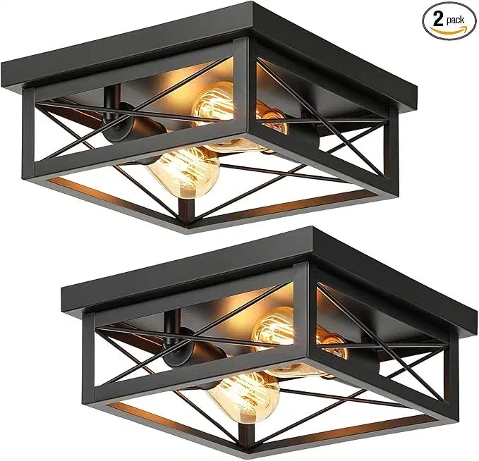 Kondras two-light industrial flush mount ceiling fixture providing compact, bright lighting for home office.
