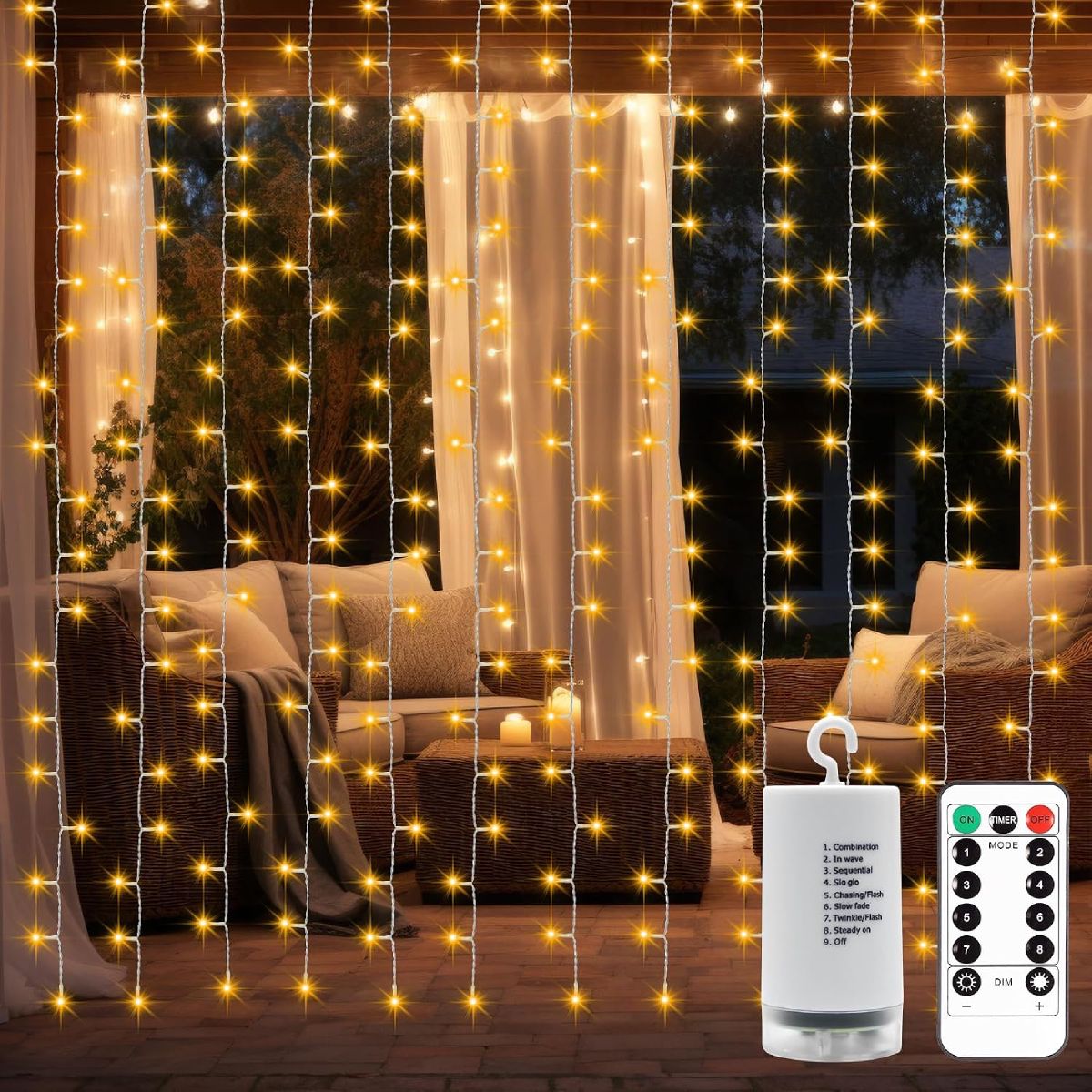 Warm white battery-operated curtain lights on a patio, with the battery pack, hook and remote control shown