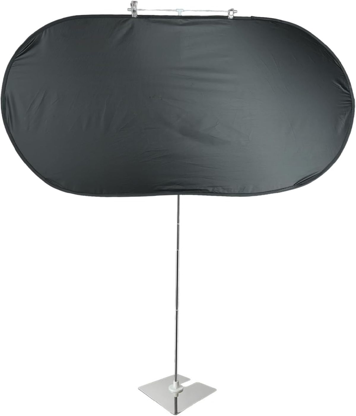 Adjustable fabric desk glare shade on a clamp stand, positioned beside a monitor to block side window light