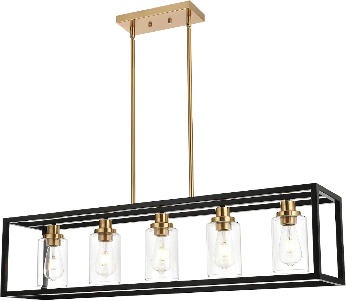 Black and brushed brass open-frame linear chandelier with clear glass shades over a rectangular dining table