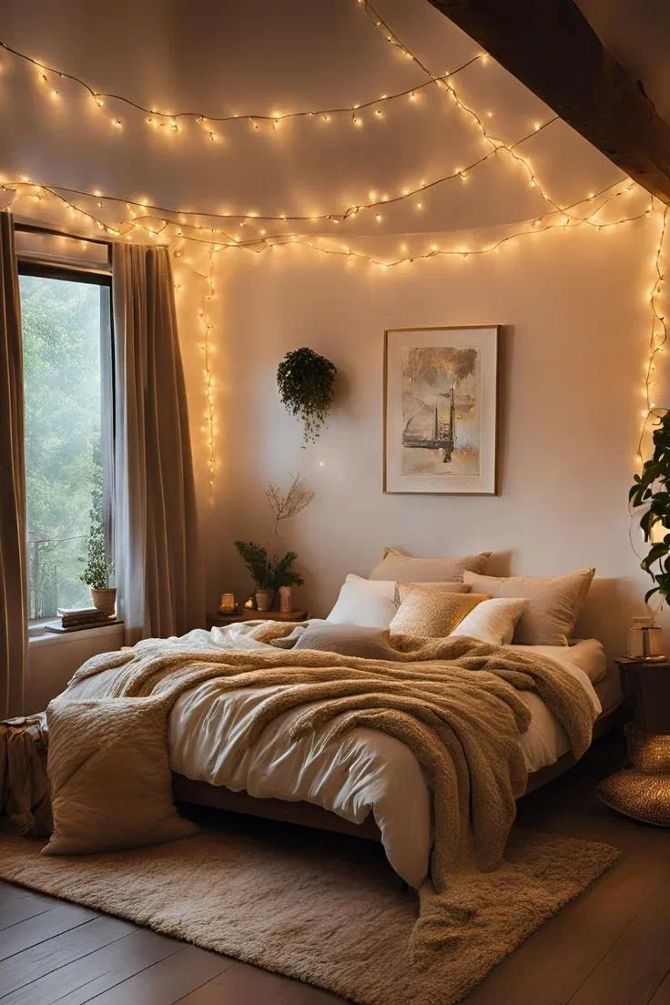 A cozy bedroom with warm fairy lights draped across the ceiling and walls, creating a soft, inviting ambiance.