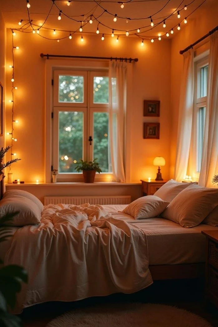 A bedroom decorated with warm string lights hanging from the ceiling and around the windows, creating a relaxing atmosphere.