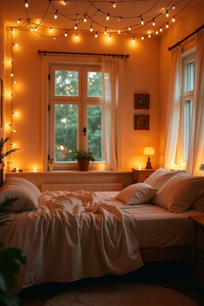 A bedroom decorated with warm string lights hanging from the ceiling and around the windows, creating a relaxing atmosphere.