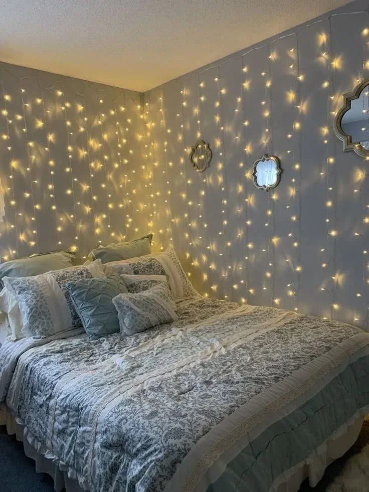 Cozy bedroom with fairy lights
