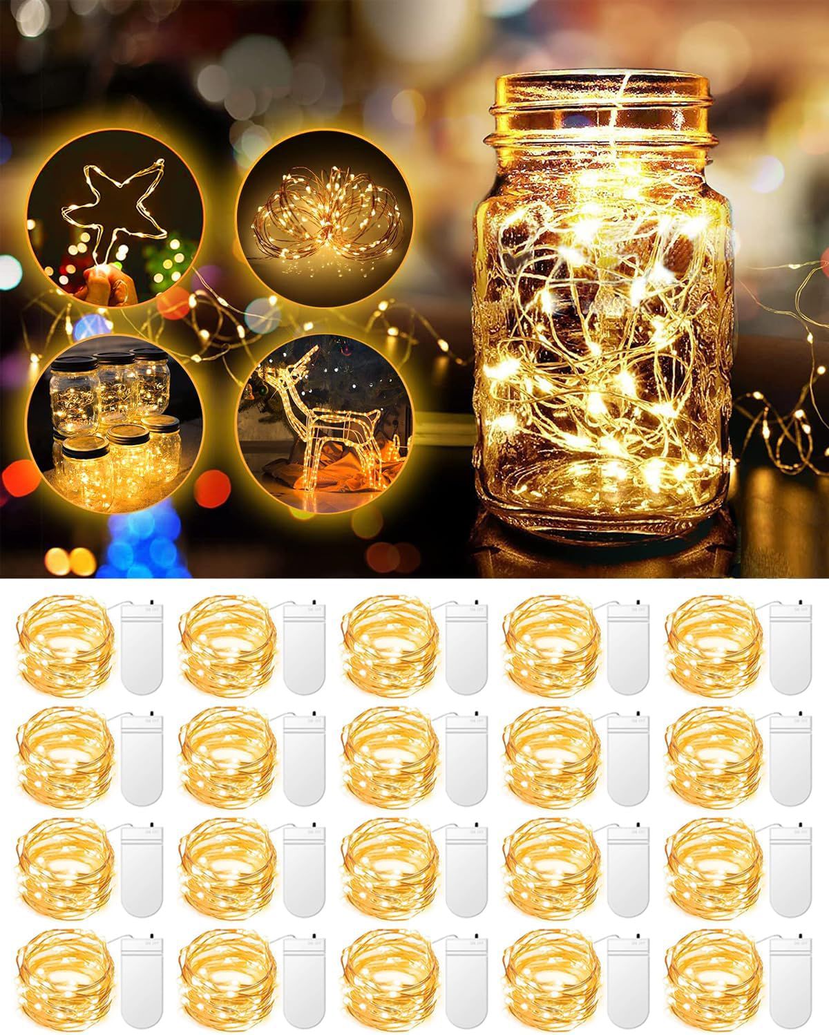 Wire firefly battery-powered fairy lights glowing inside a mason jar on a table, with a cluster of coiled spare packs below