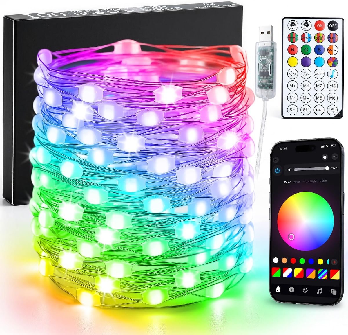 JMEXSUSS smart RGB fairy lights coiled and lit in rainbow colors, next to the remote and phone app screen