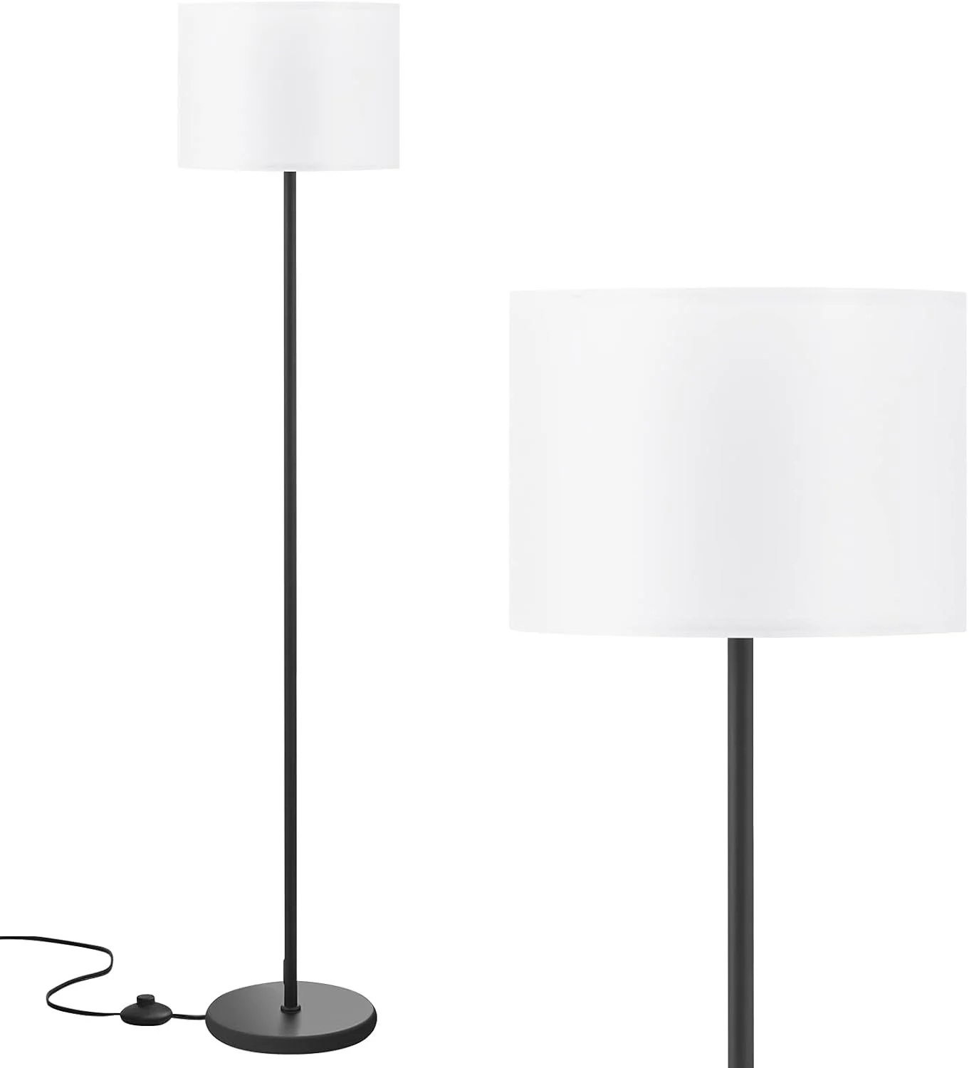 Minimalist office floor lamp with fabric shade, perfect for small home office lighting and modern workspaces.