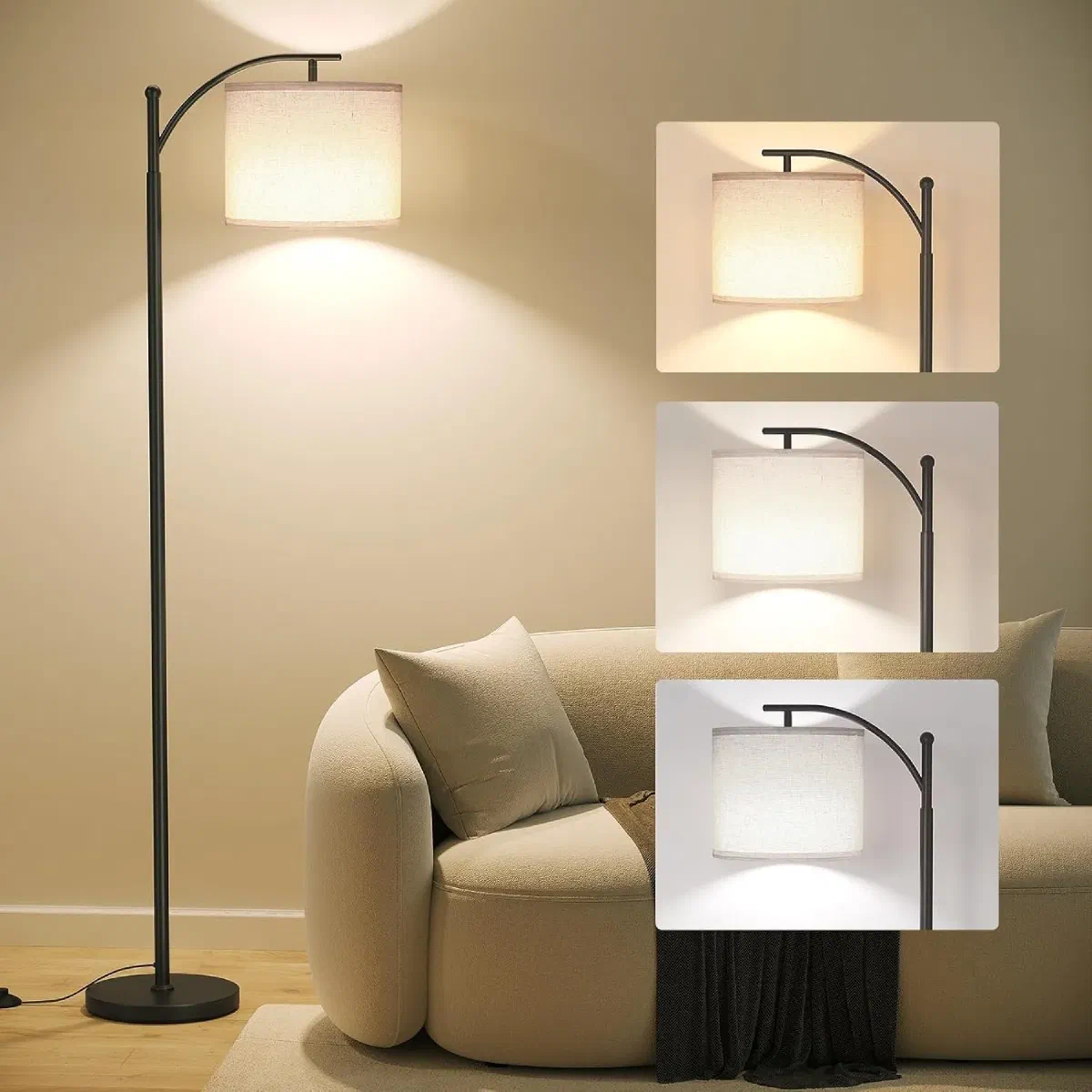 Modern arc floor lamp for office or living room, offering overhead-style lighting ideal for video calls and reading.