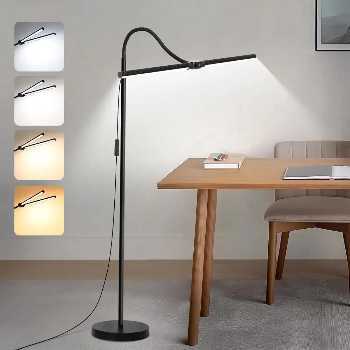 Double-head LED floor lamp with adjustable gooseneck, combining bright ambient lighting with task-focused illumination.