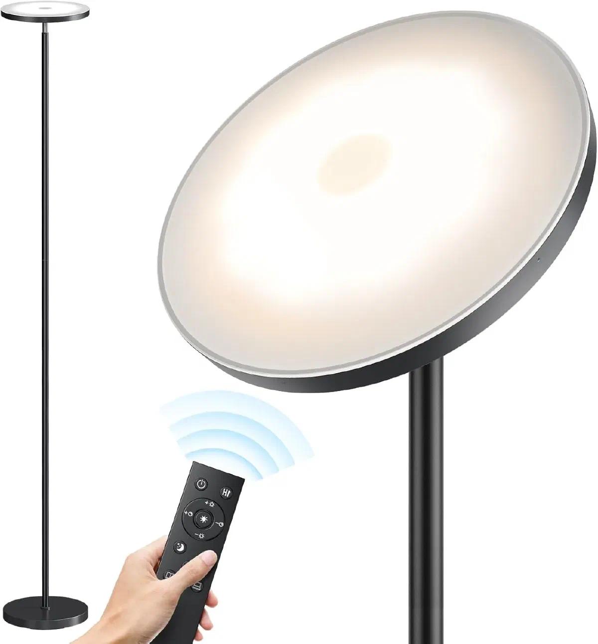 Ultra-bright 3000 lumen torchiere floor lamp for office spaces, providing powerful ambient light for large work areas.