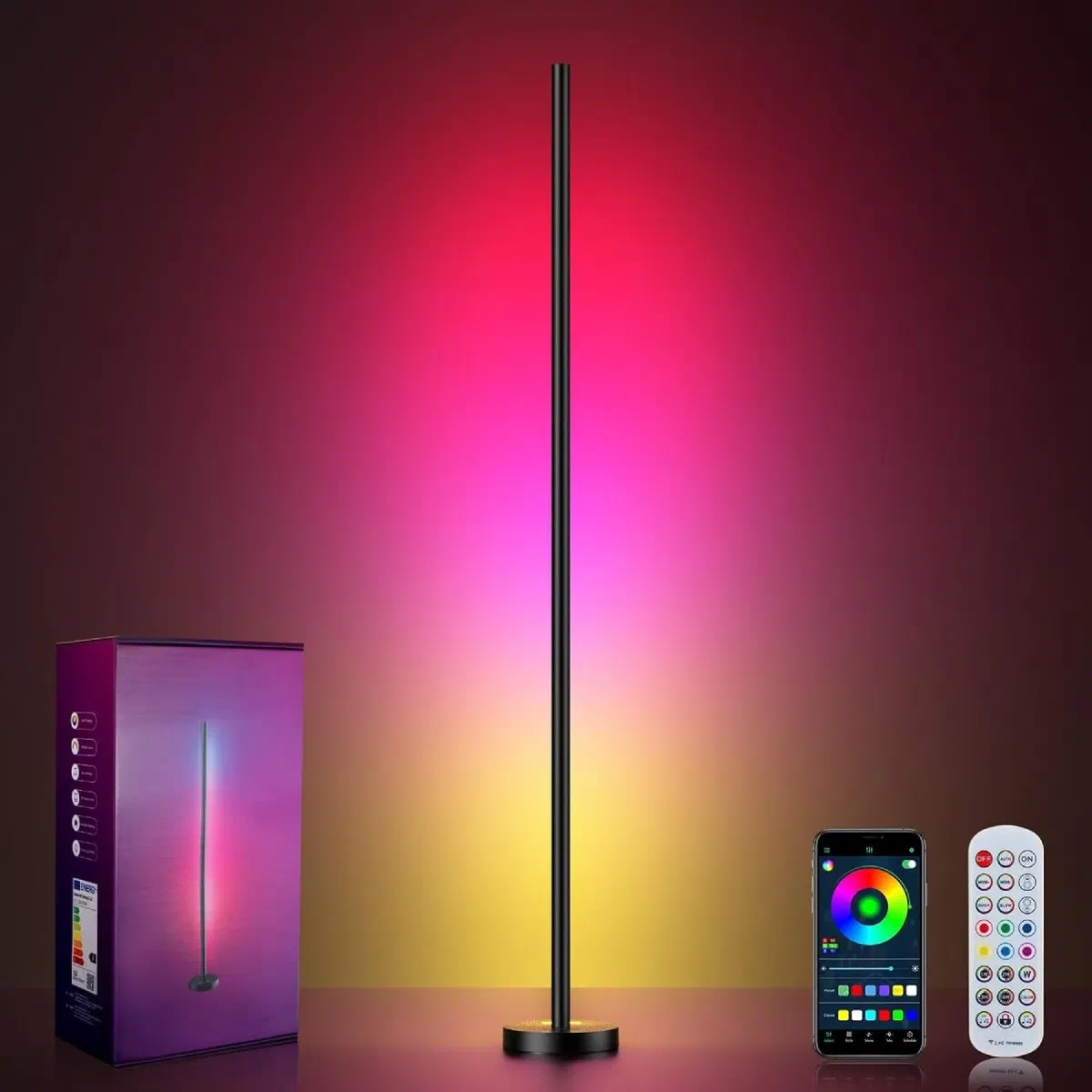 Sleek LED corner floor lamp for home office lighting, combining RGB color effects with adjustable white light for productivity.