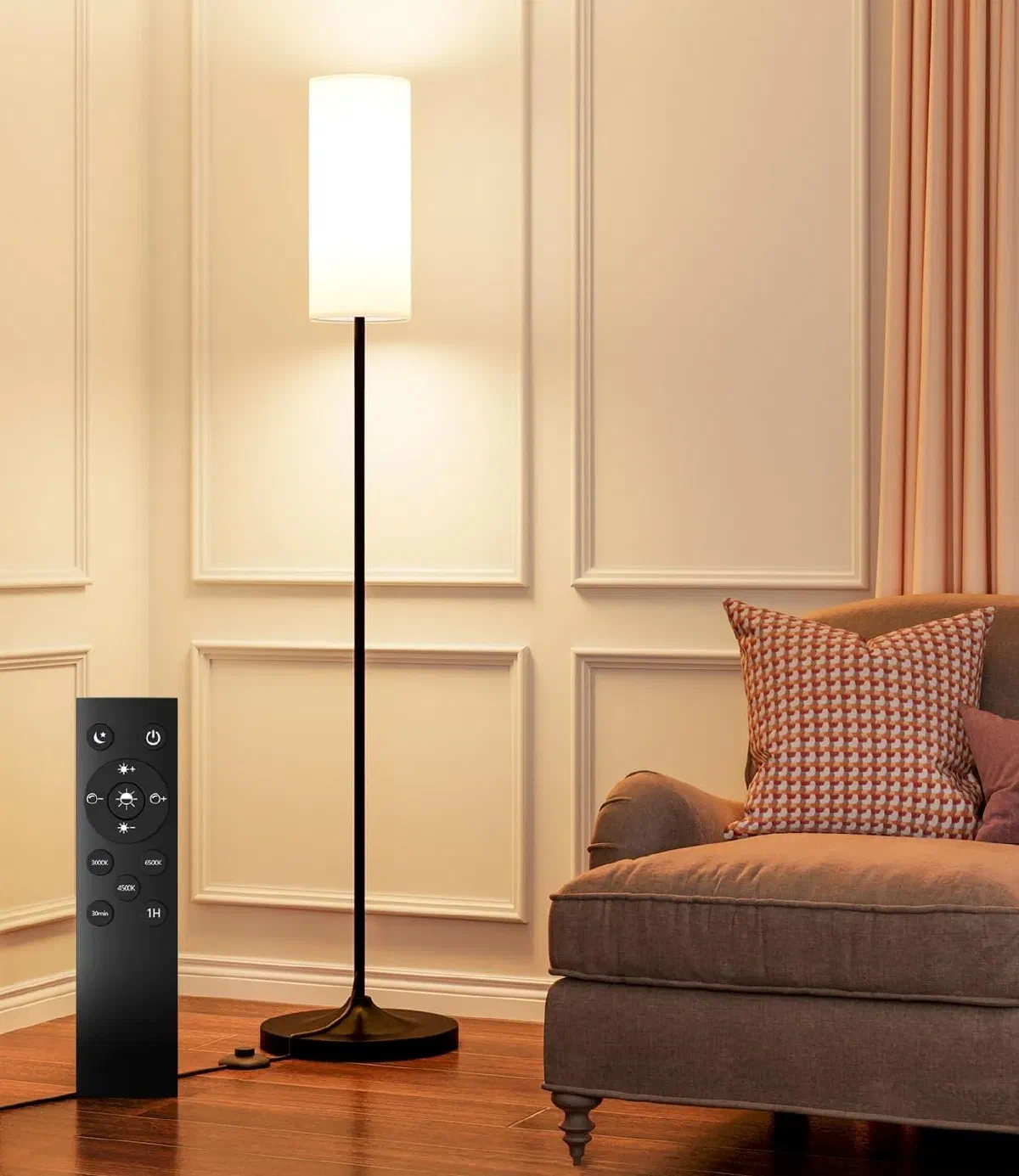 Affordable dimmable LED floor lamp with remote control, great for small home office lighting and study rooms.