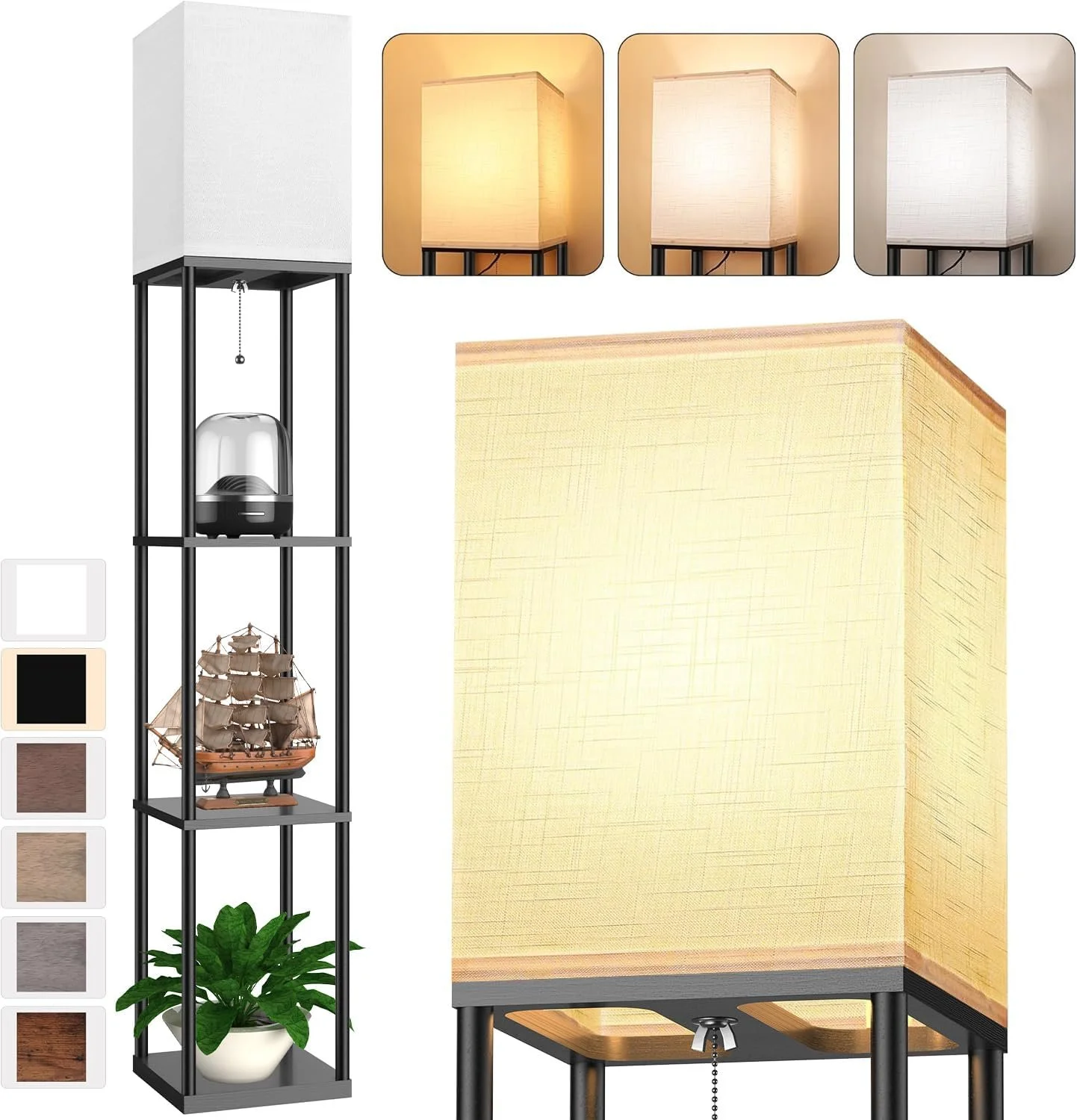 Multi-functional office floor lamp with shelves for books and décor, combining storage and home office lighting in one.