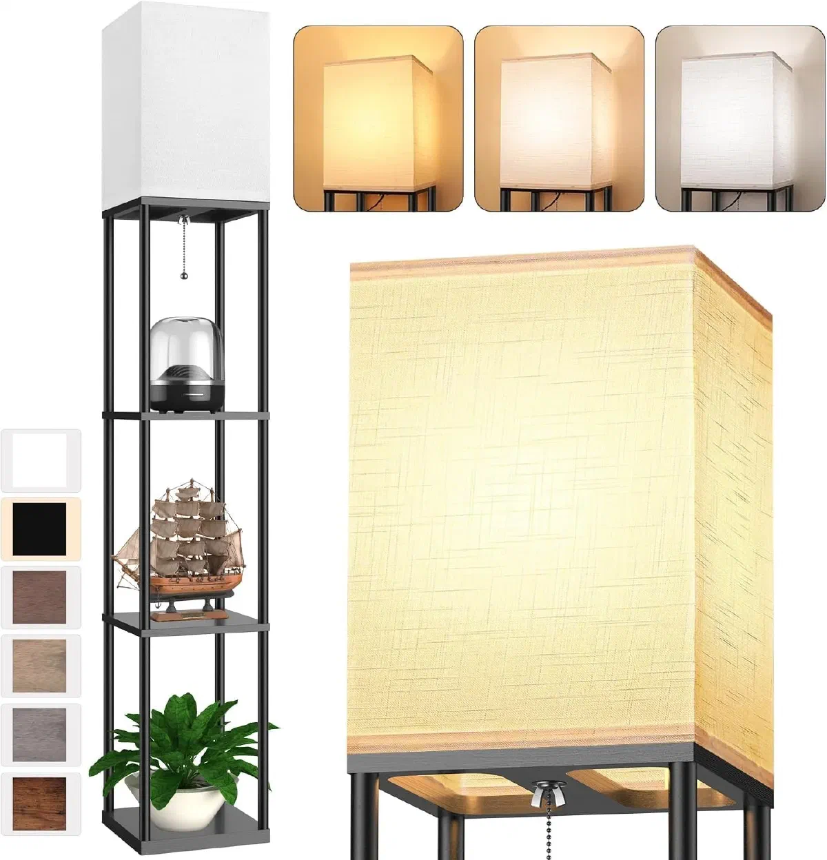 Multi-functional office floor lamp with shelves for books and décor, combining storage and home office lighting in one.
