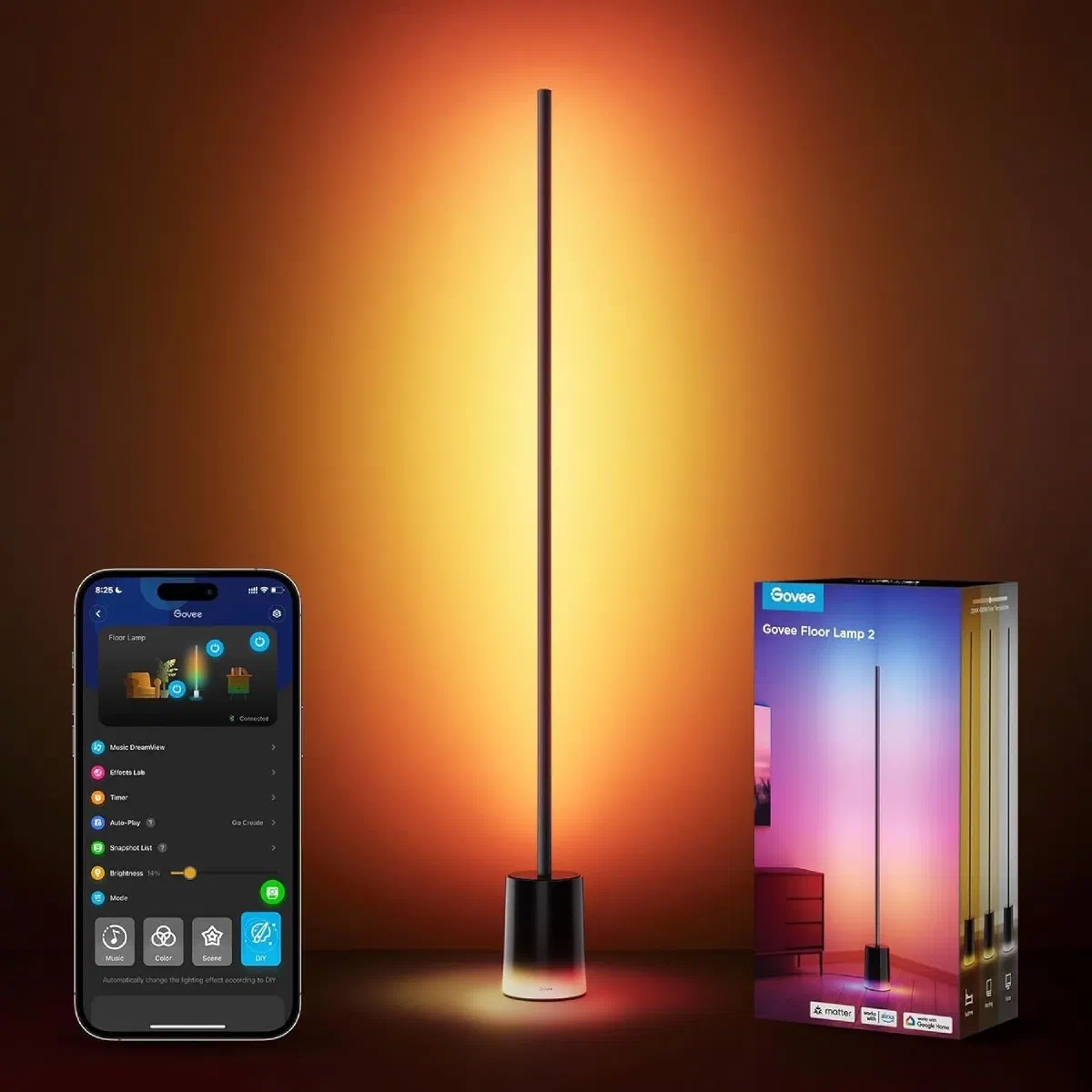 Govee Floor Lamp 2 with Matter support, delivering bright 1725 lumens for home office lighting plus smart RGB scenes.