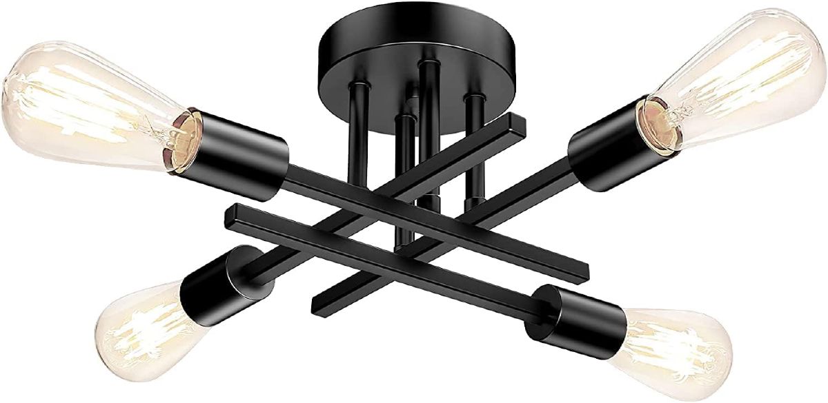 TOBUSA four-light matte black semi-flush ceiling light with exposed filament bulbs.