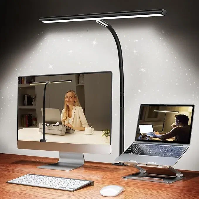 A black Airlonv 10W LED Desk Lamp with a long, articulating arm and a clamp base, casting light onto a blank white surface.